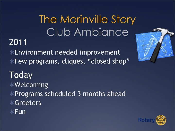 2011 The Morinville Story Club Ambiance ÜEnvironment needed improvement ÜFew programs, cliques, “closed shop”
