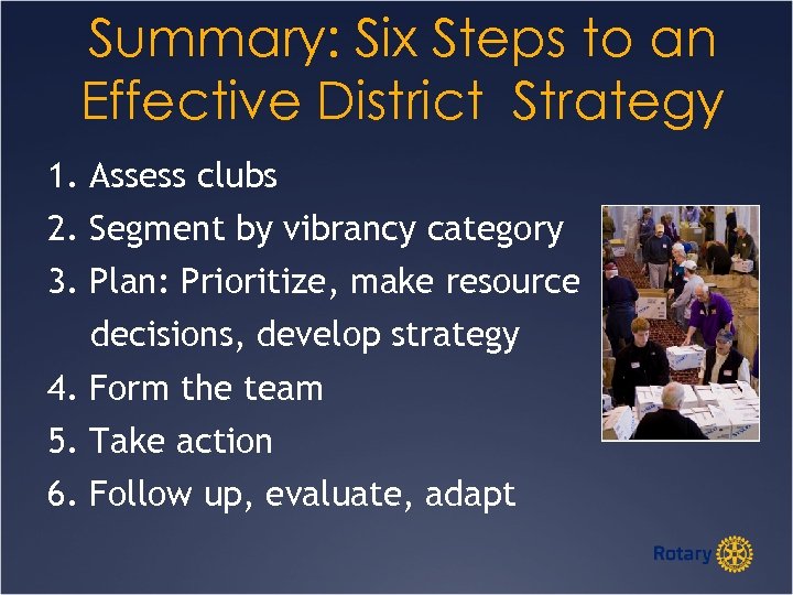 Summary: Six Steps to an Effective District Strategy 1. Assess clubs 2. Segment by