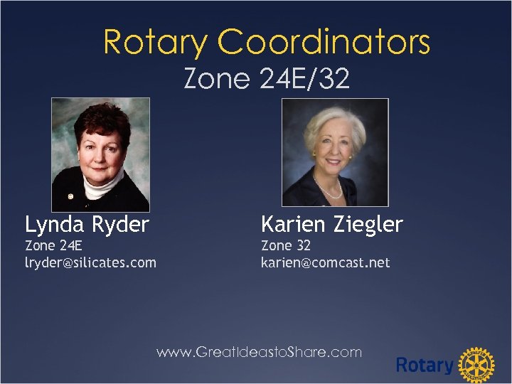 Rotary Coordinators Zone 24 E/32 Lynda Ryder Karien Ziegler Zone 24 E lryder@silicates. com