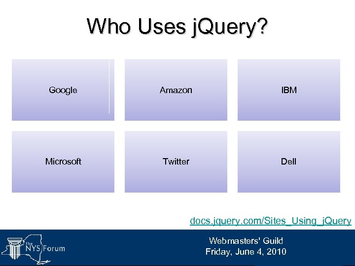 Who Uses j. Query? Google Amazon IBM Microsoft Twitter Dell docs. jquery. com/Sites_Using_j. Query