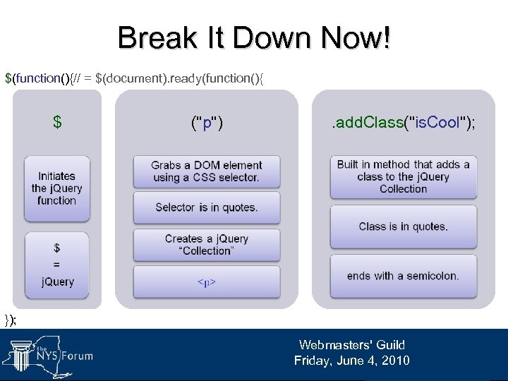 Break It Down Now! $(function(){// = $(document). ready(function(){ $ ("p") . add. Class("is. Cool");