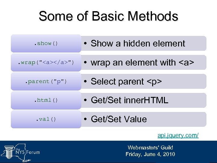 Some of Basic Methods. show(). wrap("<a></a>"). parent("p"). html(). val() • Show a hidden element