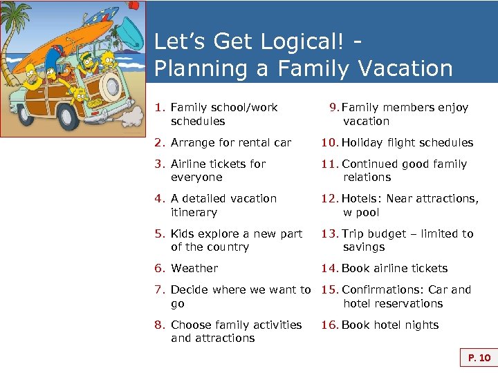 Let’s Get Logical! Planning a Family Vacation 1. Family school/work schedules 9. Family members