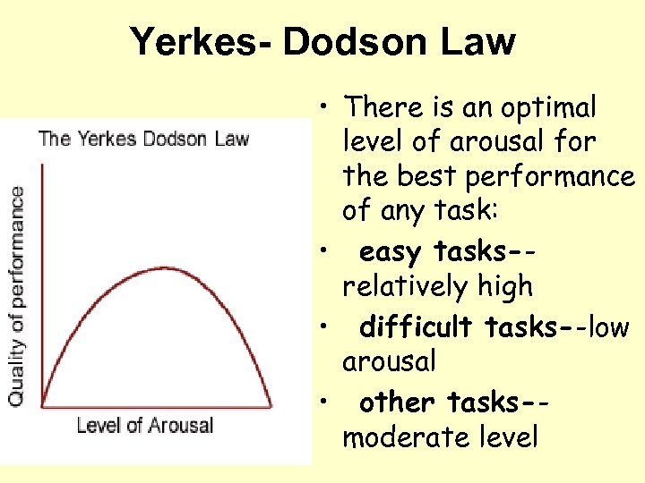 Yerkes- Dodson Law • There is an optimal level of arousal for the best