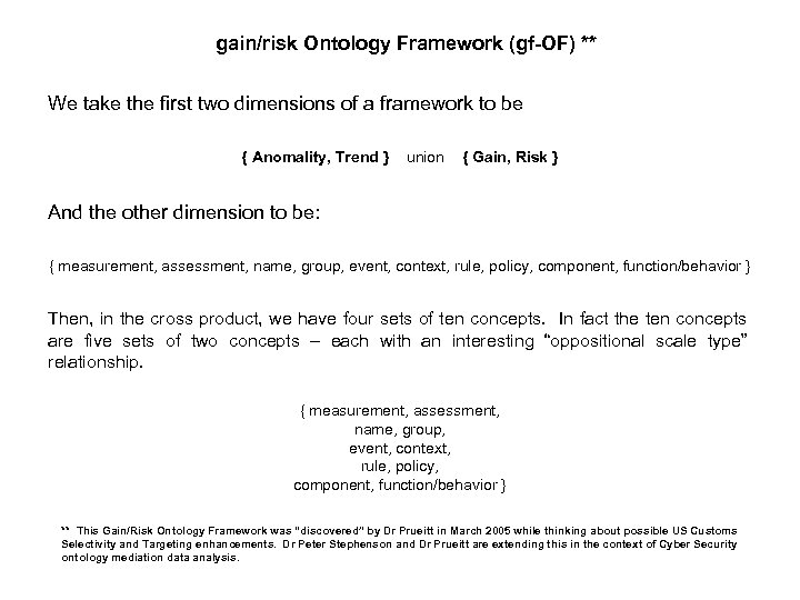 gain/risk Ontology Framework (gf-OF) ** We take the first two dimensions of a framework