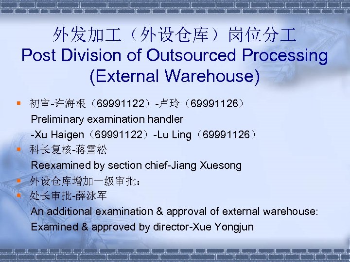 外发加 （外设仓库）岗位分 Post Division of Outsourced Processing (External Warehouse) § 初审-许海根（69991122）-卢玲（69991126） Preliminary examination handler