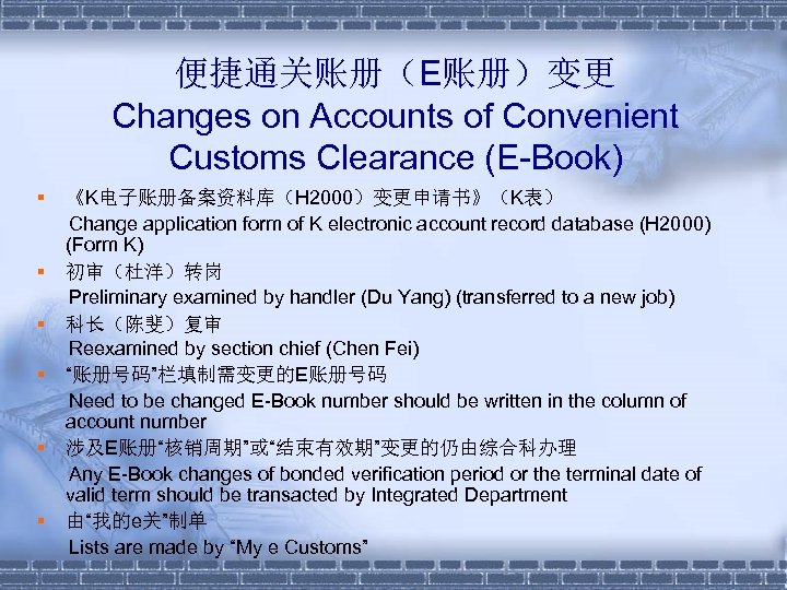 便捷通关账册（E账册）变更 Changes on Accounts of Convenient Customs Clearance (E-Book) § § § 《K电子账册备案资料库（H 2000）变更申请书》（K表）