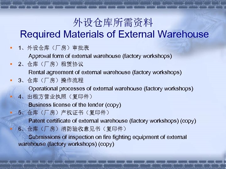 外设仓库所需资料 Required Materials of External Warehouse § 1、外设仓库（厂房）审批表 Approval form of external warehouse (factory