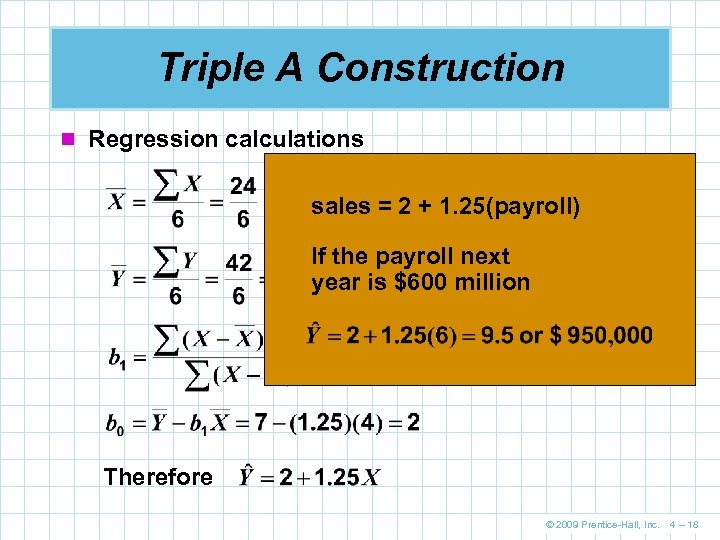 Triple A Construction n Regression calculations sales = 2 + 1. 25(payroll) If the