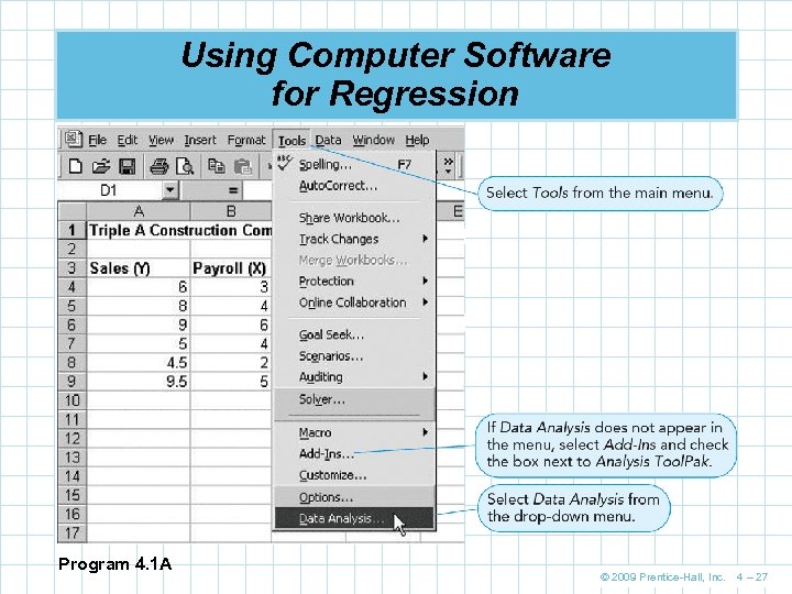 Using Computer Software for Regression Program 4. 1 A © 2009 Prentice-Hall, Inc. 4