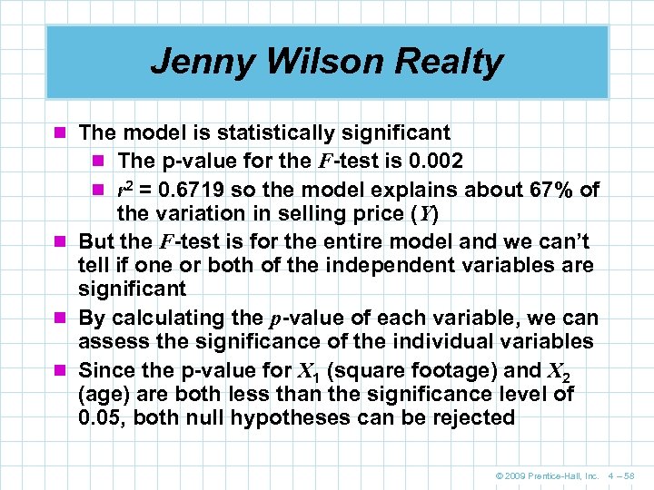 Jenny Wilson Realty n The model is statistically significant n The p-value for the