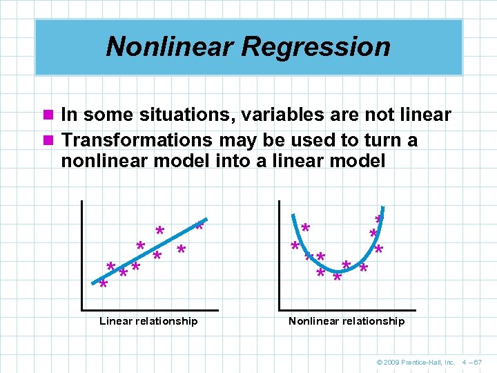 Nonlinear Regression n In some situations, variables are not linear n Transformations may be