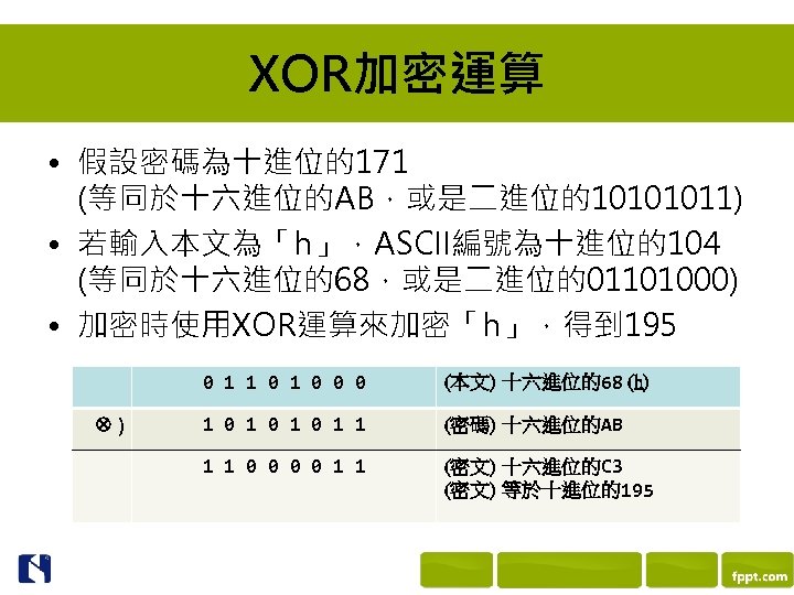 XOR加密運算 • 假設密碼為十進位的171 (等同於十六進位的AB，或是二進位的10101011) • 若輸入本文為「h」，ASCII編號為十進位的104 (等同於十六進位的68，或是二進位的01101000) • 加密時使用XOR運算來加密「h」，得到 195 0 1 1 0