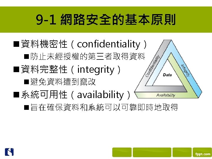 9 -1 網路安全的基本原則 n 資料機密性（confidentiality） n 防止未經授權的第三者取得資料 n 資料完整性（integrity） n 避免資料遭到竄改 Data n 系統可用性（availability）