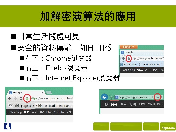 加解密演算法的應用 n 日常生活隨處可見 n 安全的資料傳輸，如HTTPS n 左下：Chrome瀏覽器 n 右上：Firefox瀏覽器 n 右下：Internet Explorer瀏覽器 