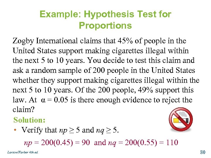 Example: Hypothesis Test for Proportions Zogby International claims that 45% of people in the