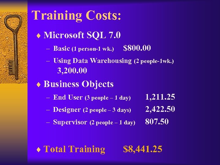 Training Costs: ¨ Microsoft SQL 7. 0 – Basic (1 person-1 wk. ) $800.