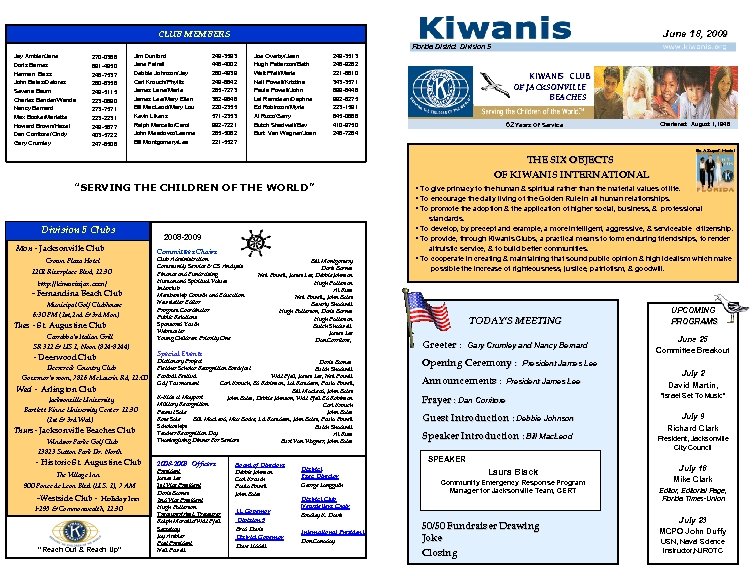 June 18, 2009 CLUB MEMBERS Florida District Division 5 Jay Ambler/Jane Doris Barnes Herman