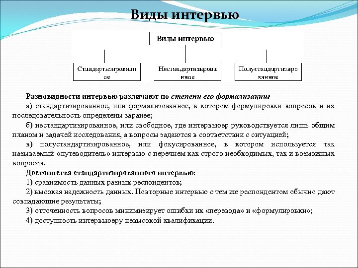 Виды интервью Разновидности интервью различают по степени его формализации: а) стандартизированное, или формализованное, в