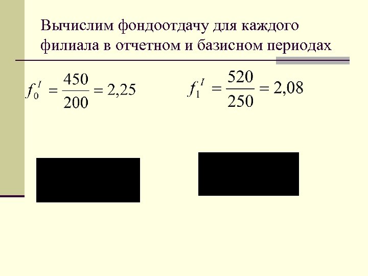 Вычислим фондоотдачу для каждого филиала в отчетном и базисном периодах 