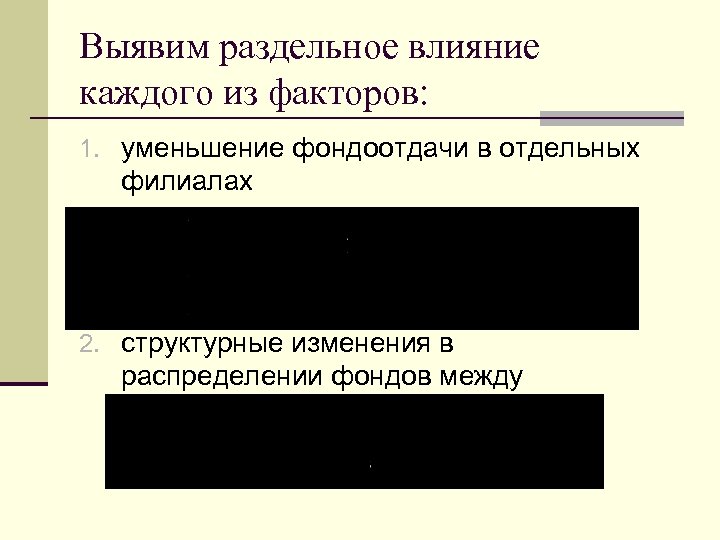 Выявим раздельное влияние каждого из факторов: 1. уменьшение фондоотдачи в отдельных филиалах 2. структурные