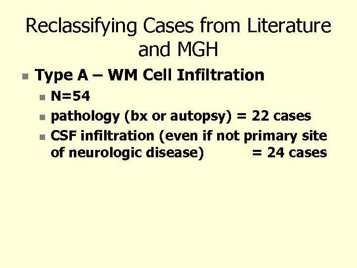 Reclassifying Cases from Literature and MGH Type A – WM Cell Infiltration N=54 pathology
