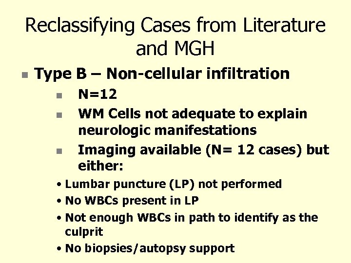 Reclassifying Cases from Literature and MGH Type B – Non-cellular infiltration N=12 WM Cells