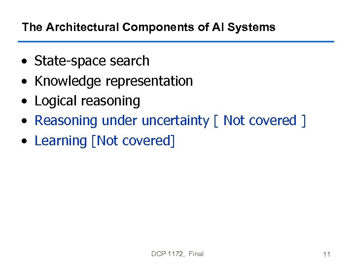 The Architectural Components of AI Systems • • • State-space search Knowledge representation Logical
