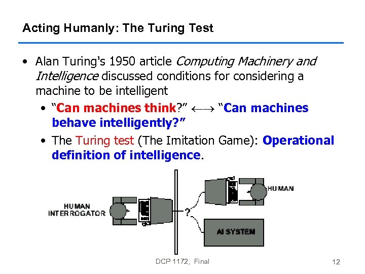 Acting Humanly: The Turing Test • Alan Turing's 1950 article Computing Machinery and Intelligence