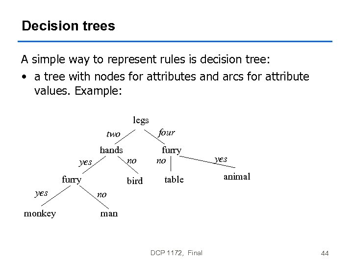 Decision trees A simple way to represent rules is decision tree: • a tree