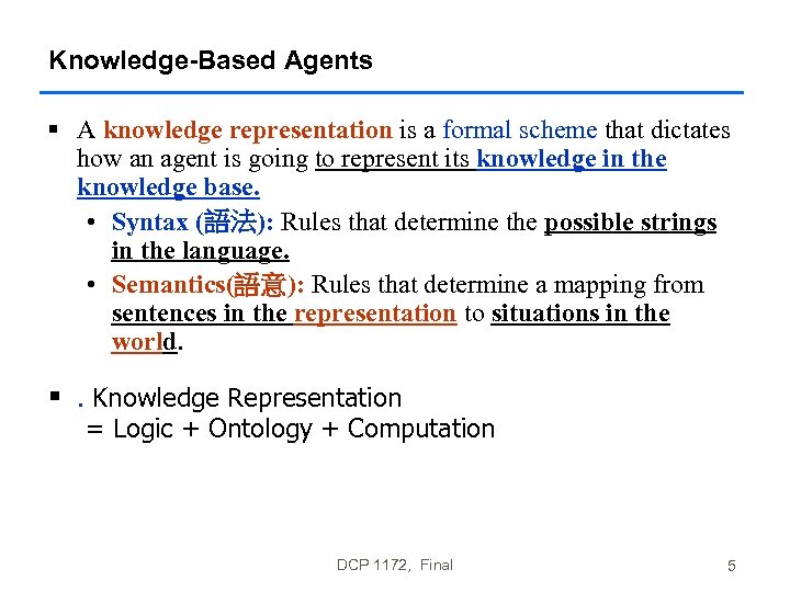 Knowledge-Based Agents § A knowledge representation is a formal scheme that dictates how an