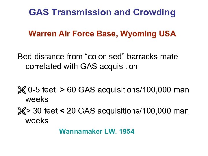 GAS Transmission and Crowding Warren Air Force Base, Wyoming USA Bed distance from “colonised”