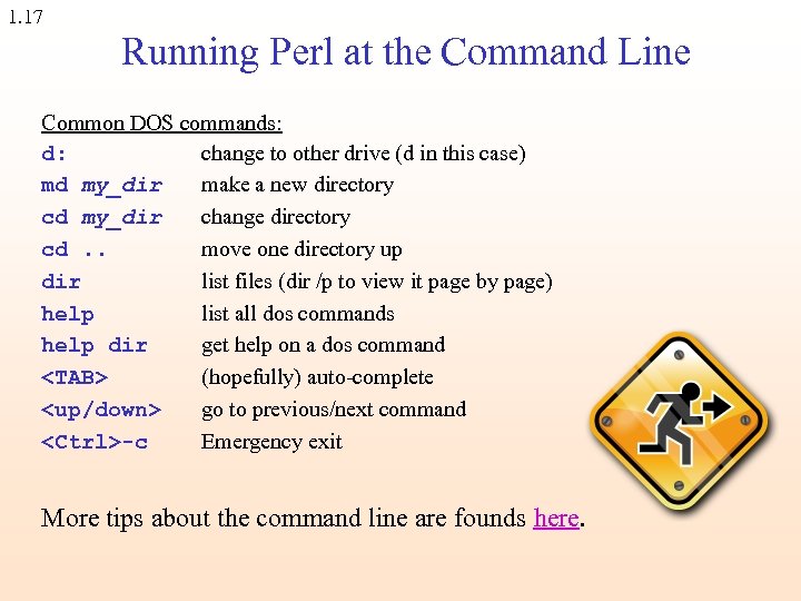 1. 17 Running Perl at the Command Line Common DOS commands: d: change to