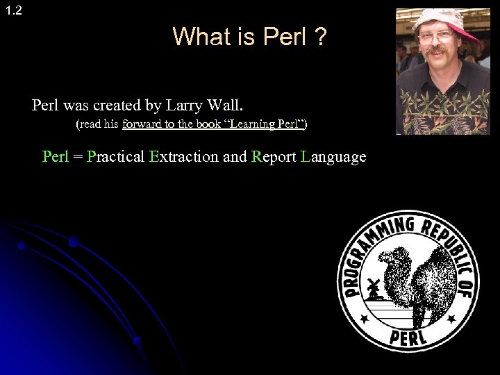 1. 2 What is Perl ? Perl was created by Larry Wall. (read his