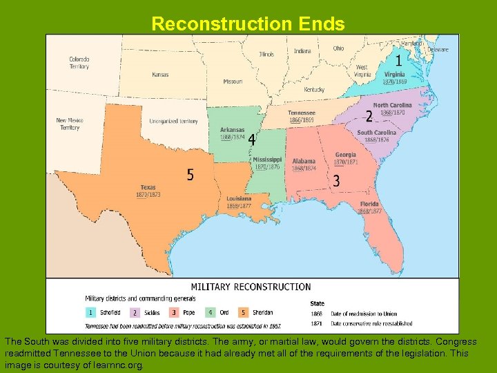 Reconstruction Ends The South was divided into five military districts. The army, or martial