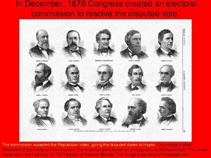 In December, 1876 Congress created an electoral commission to resolve the disputed vote. The