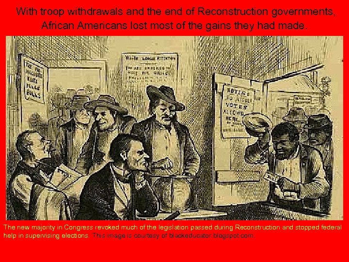 With troop withdrawals and the end of Reconstruction governments, African Americans lost most of