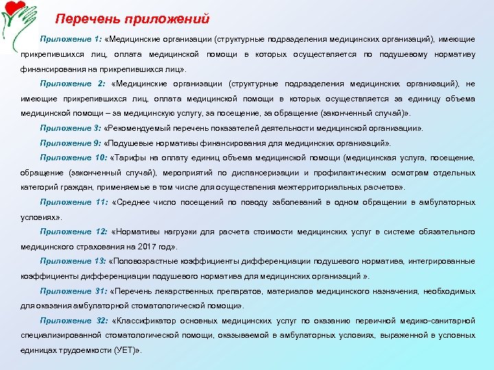 Перечень приложений Приложение 1: «Медицинские организации (структурные подразделения медицинских организаций), имеющие прикрепившихся лиц, оплата