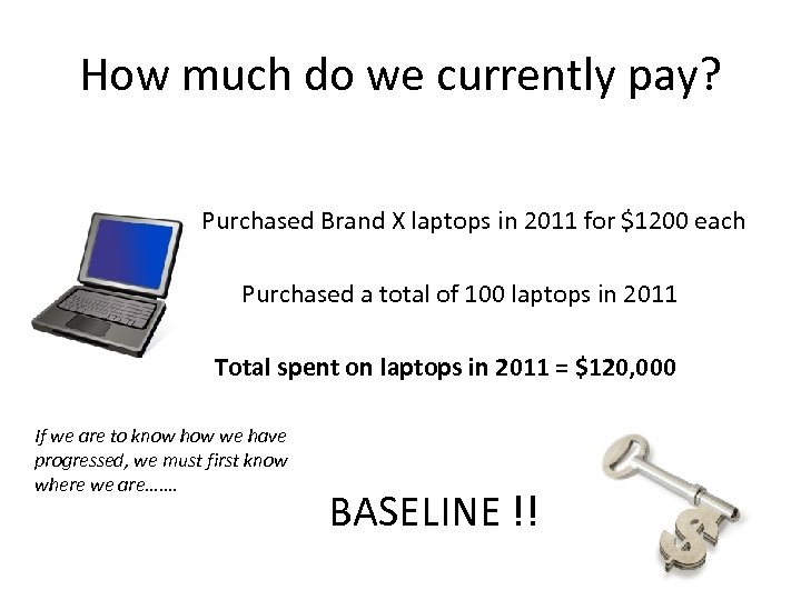 How much do we currently pay? Purchased Brand X laptops in 2011 for $1200