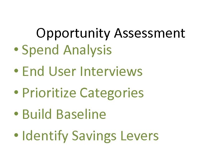 Opportunity Assessment • Spend Analysis • End User Interviews • Prioritize Categories • Build