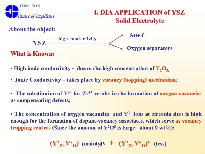  IEES - BAS Centre of Excellence 4. DIA APPLICATION of YSZ Solid Electrolyte