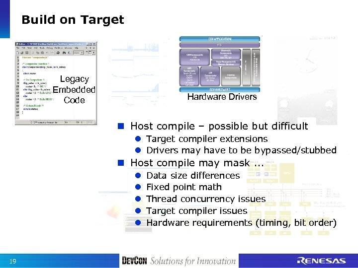 Build on Target Legacy Embedded Code Hardware Drivers n Host compile – possible but