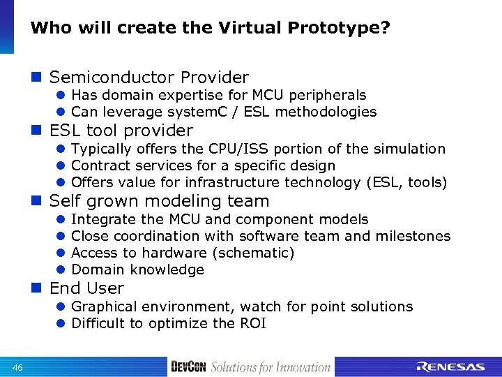 Who will create the Virtual Prototype? n Semiconductor Provider l Has domain expertise for