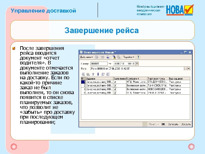 Управление доставкой Завершение рейса После завершения рейса вводится документ «отчет водителя» . В документе