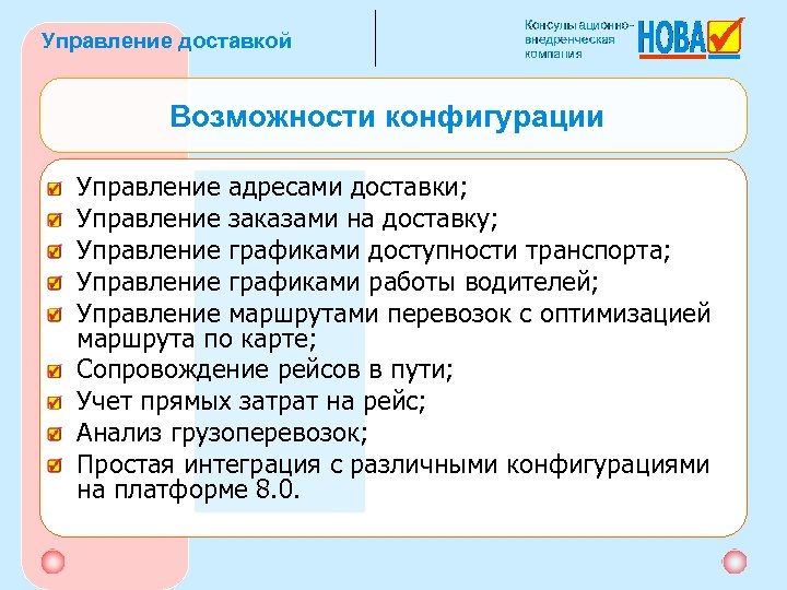 Управление доставкой Возможности конфигурации Управление адресами доставки; Управление заказами на доставку; Управление графиками доступности