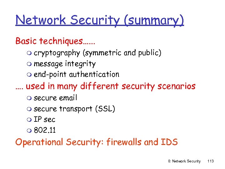 Network Security (summary) Basic techniques…. . . m cryptography (symmetric and public) m message