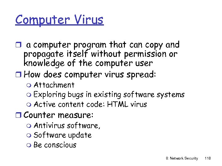 Computer Virus r a computer program that can copy and propagate itself without permission