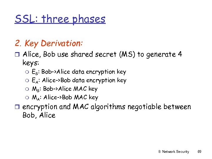SSL: three phases 2. Key Derivation: r Alice, Bob use shared secret (MS) to