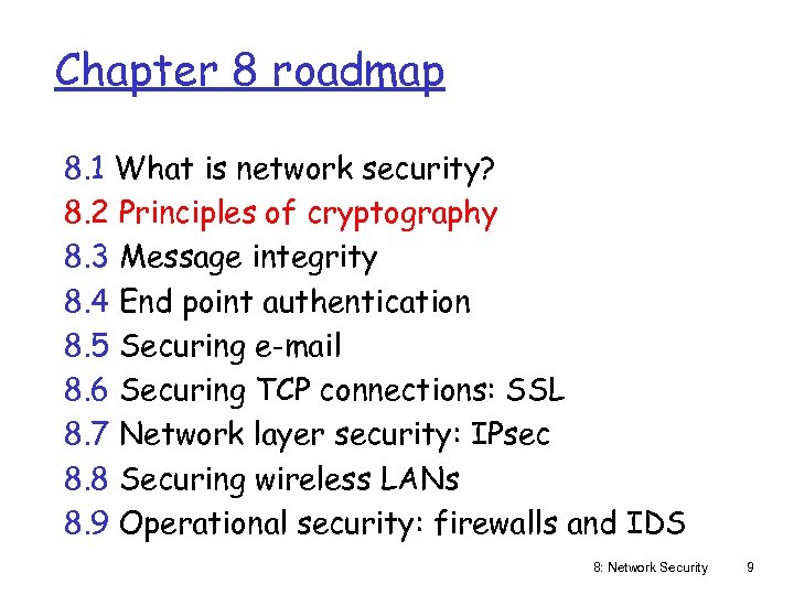 Chapter 8 roadmap 8. 1 What is network security? 8. 2 Principles of cryptography