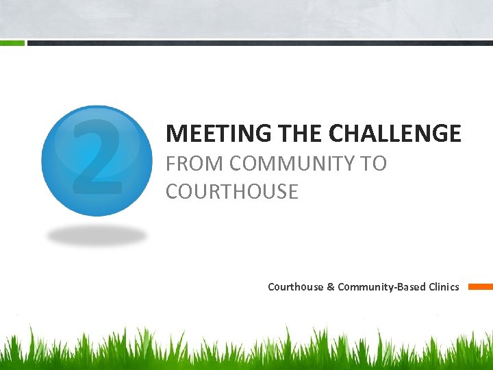 2 MEETING THE CHALLENGE FROM COMMUNITY TO COURTHOUSE Courthouse & Community-Based Clinics 